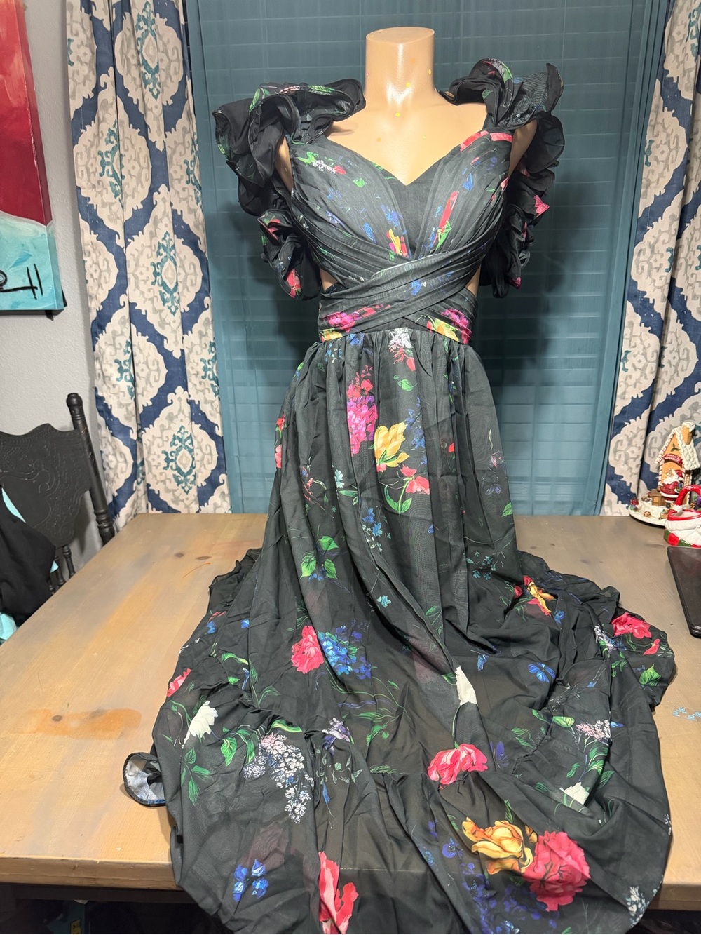 Black Floral Ruffled Sleeve Maxi Dress culture candy